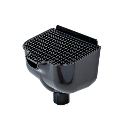 Proper Hopper Black – Rainwater Hopper Head (65mm / 68mm) Roof-level rainwater hopper head, conductor head, leader head, or scupper box that's designed to maintain water flow under blockage, provide visible overflow warning, and protect the building from sustained hidden water damage.