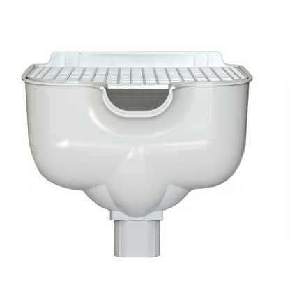 Proper Hopper White – Rainwater Hopper Head (65mm / 68mm) Roof-level rainwater hopper head, conductor head, leader head, or scupper box that's designed to maintain water flow under blockage, provide visible overflow warning, and protect the building from sustained hidden water damage.