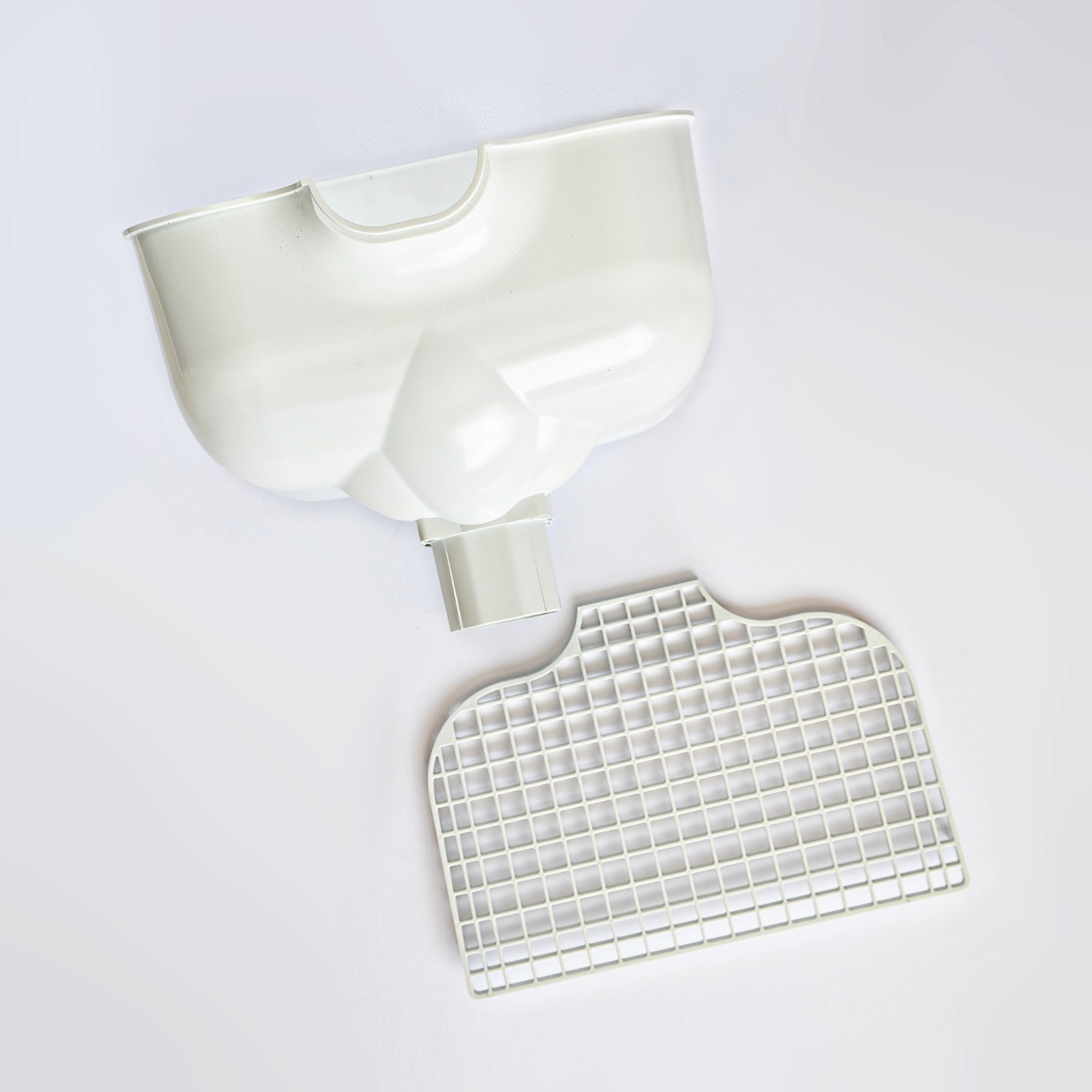 Proper Hopper White – Rainwater Hopper Head (65mm / 68mm) Roof-level rainwater hopper head, conductor head, leader head, or scupper box that's designed to maintain water flow under blockage, provide visible overflow warning, and protect the building from sustained hidden water damage.