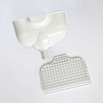 Proper Hopper White – Rainwater Hopper Head (65mm / 68mm) Roof-level rainwater hopper head, conductor head, leader head, or scupper box that's designed to maintain water flow under blockage, provide visible overflow warning, and protect the building from sustained hidden water damage.